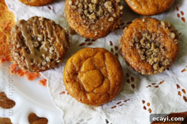 Cozy Pumpkin Mini Cakes with Cinnamon Streusel 6 A close up overhead photo of pumpkin mini cakes with cinnamon streusel topping.