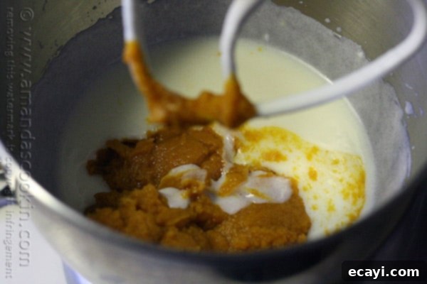Cozy Pumpkin Mini Cakes with Cinnamon Streusel 9 A close up photo of pumpkin being added to the yogurt mixture.