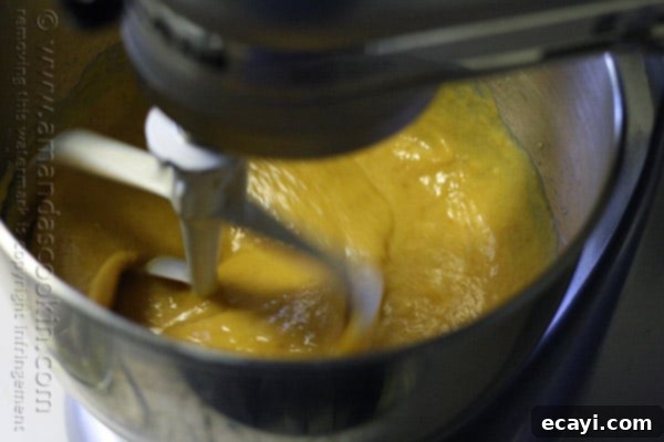 Cozy Pumpkin Mini Cakes with Cinnamon Streusel 10 A photo of the cake batter being mixed in a stand up mixer.