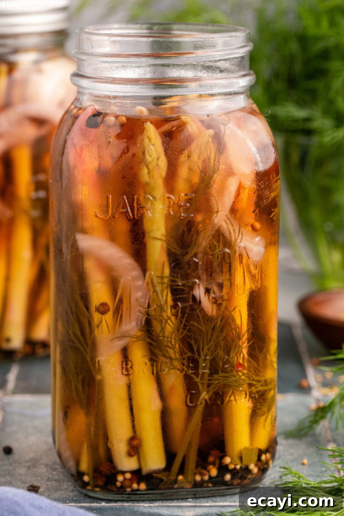 Tangy Asparagus Spears 2 Close up photo of Pickled Asparagus in a mason jar