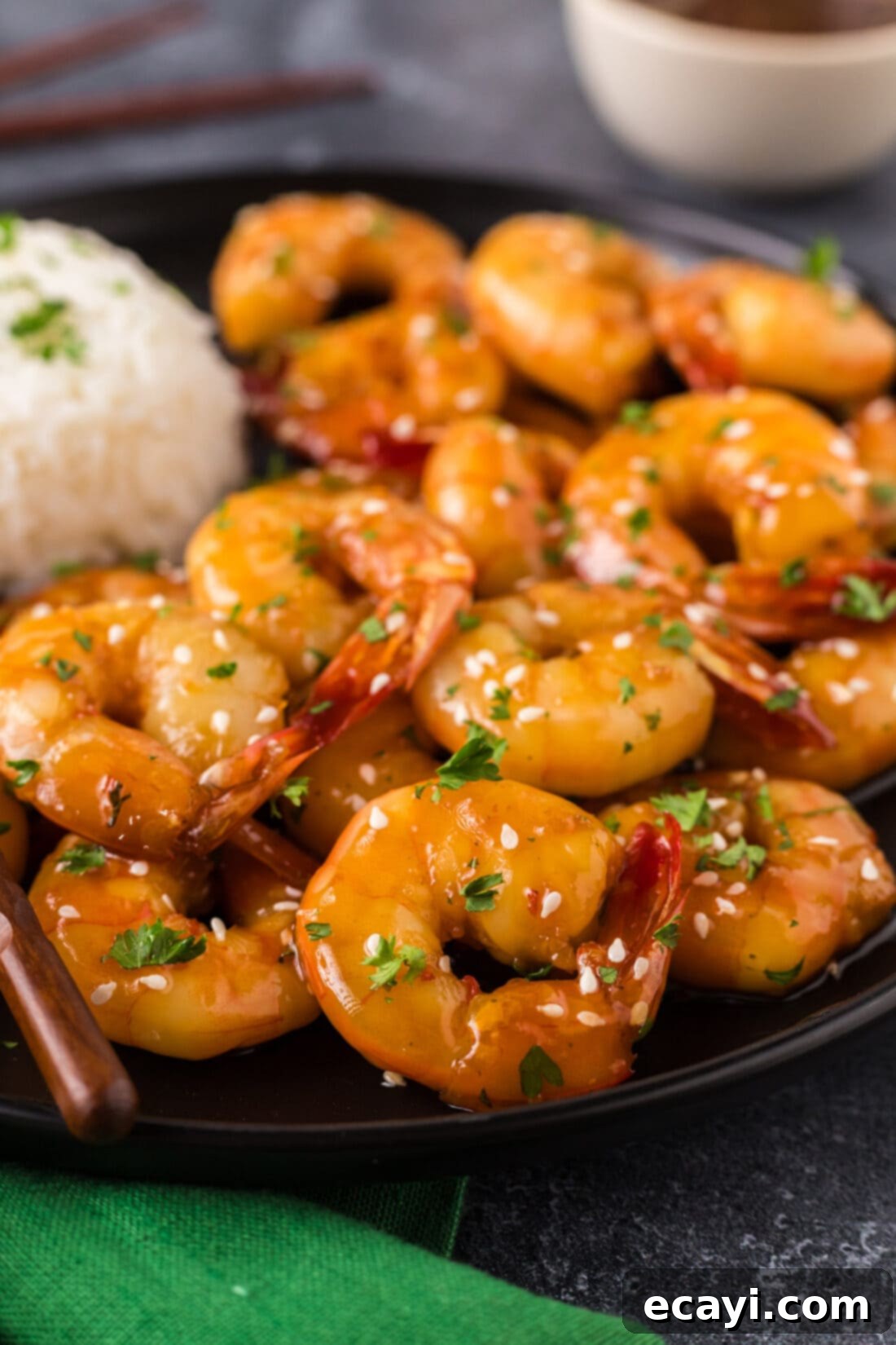 Glazed Honey Garlic Shrimp 11 Close-up photo of perfectly cooked Honey Garlic Shrimp with a vibrant glaze