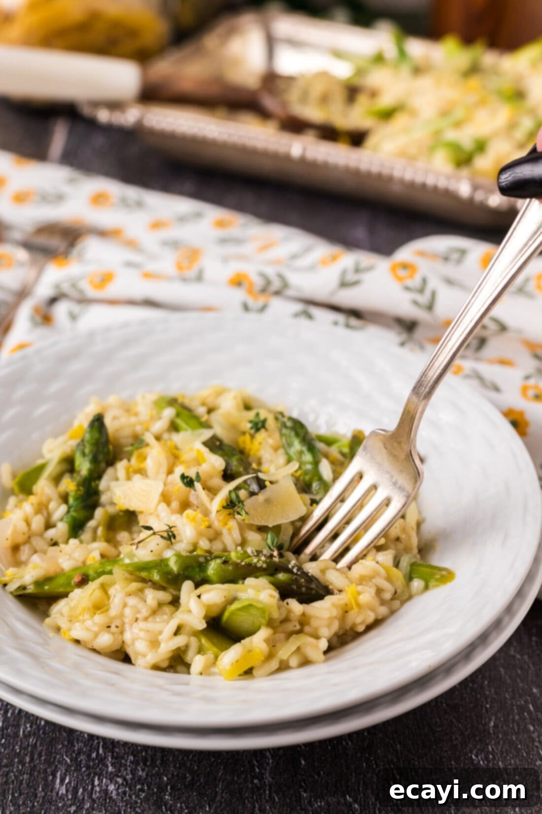 Velvet Asparagus Risotto 2 Fork in a bowl of Asparagus Risotto