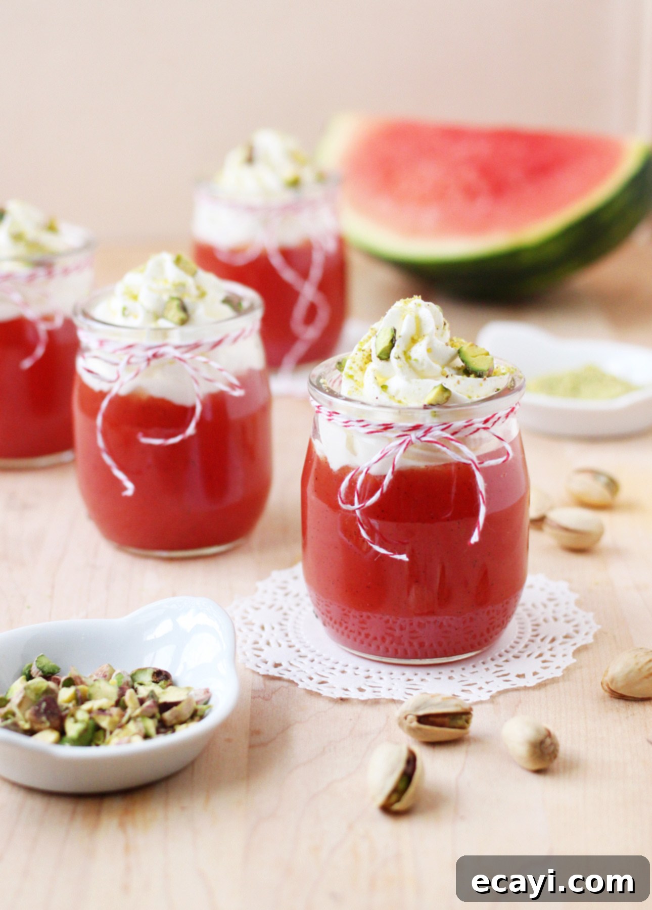 Sicilian Summer Watermelon Dream 2 Silky smooth Sicilian Watermelon Pudding garnished with pistachios and whipped cream
