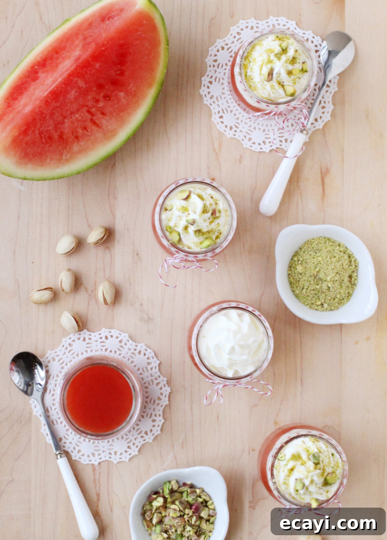 Sicilian Summer Watermelon Dream 3 A close-up shot of Sicilian watermelon pudding with a spoon showing its silky texture