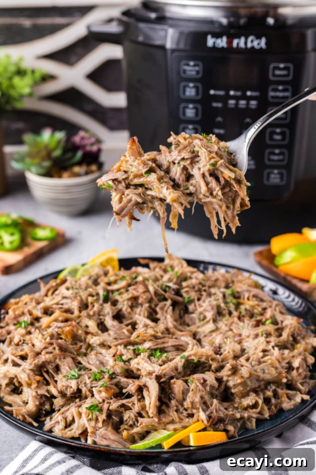 Crispy Instant Pot Carnitas 2 Forkful of Instant Pot Carnitas held above a plate of Instant Pot Carnitas