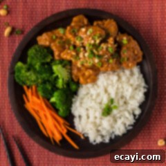 Creamy Peanut Butter Chicken 15 Close up photo of a plate of Peanut Butter Chicken with rice, carrots and broccoli, ready to eat