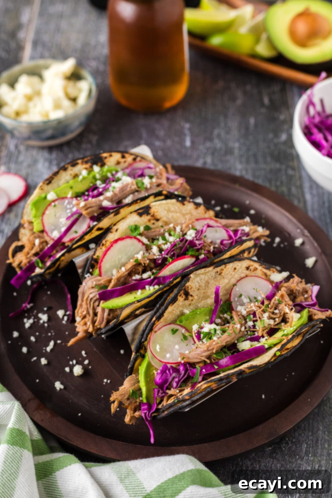Epic Pulled Pork Tacos 6 Three Pulled Pork Tacos on a plate
