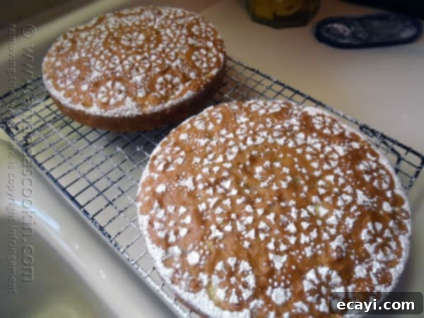 Classic Merryfield Apple Cake 13 Two Merryfield apple cakes, side by side, showcasing their exquisite powdered sugar doily patterns, ready to be served and enjoyed.