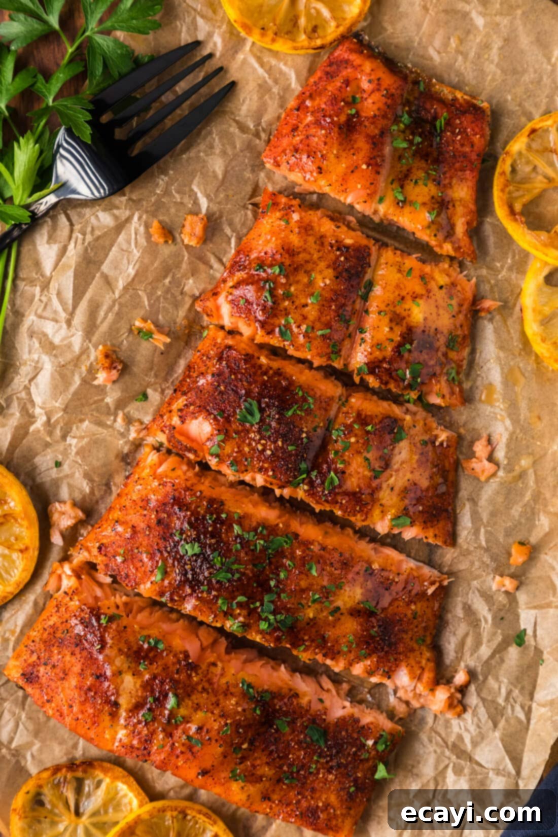 Artisan Smoked Salmon 3 Fresh salmon fillets, coated with a flavorful rub, resting on parchment paper before smoking.