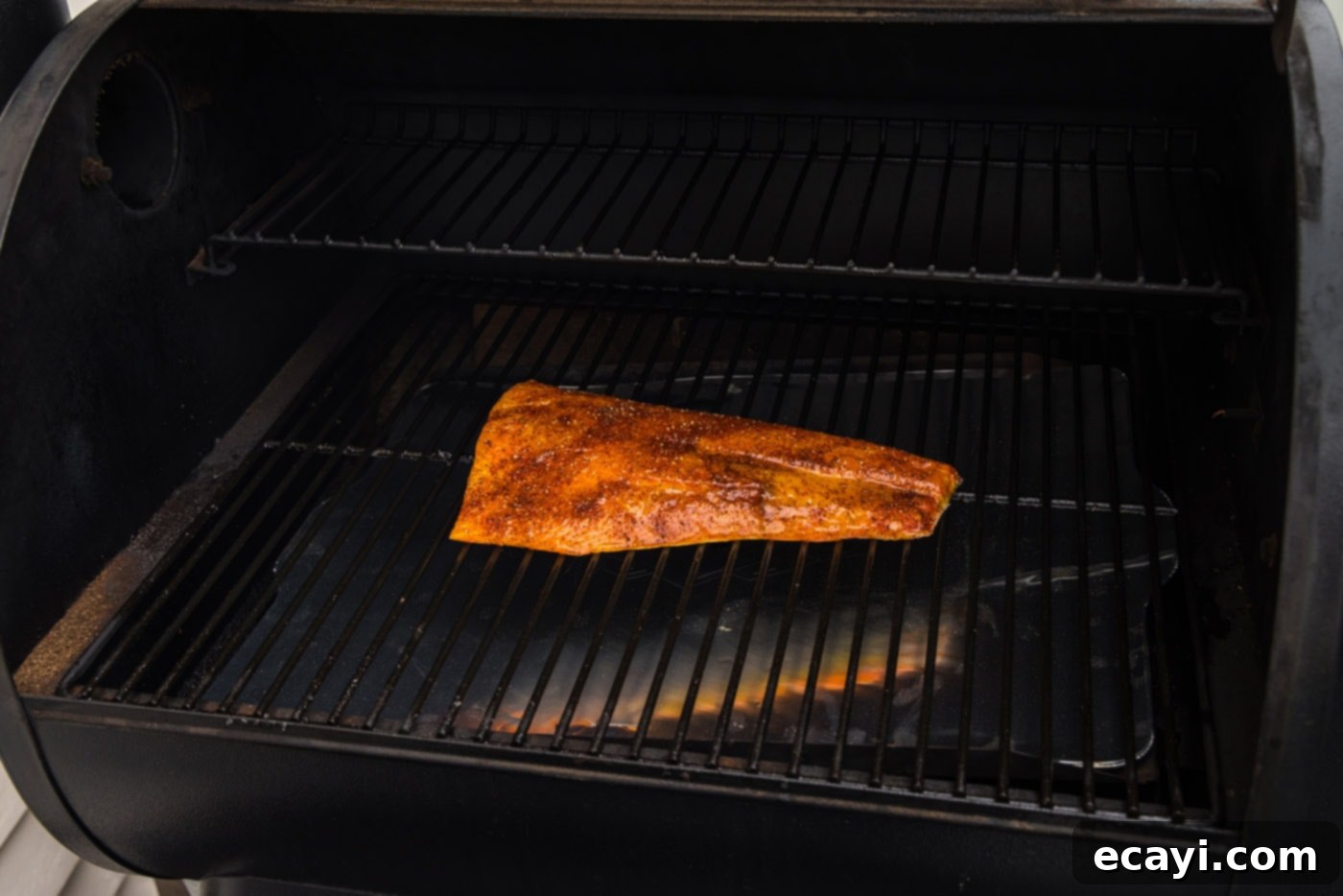 Artisan Smoked Salmon 8 A perfectly seasoned salmon filet resting on the grates inside a smoker, skin-side down.