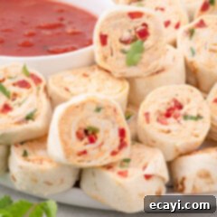Southwest Swirls 15 Close up photo of Mexican Pinwheels on a plate with a bowl of salsa in the background