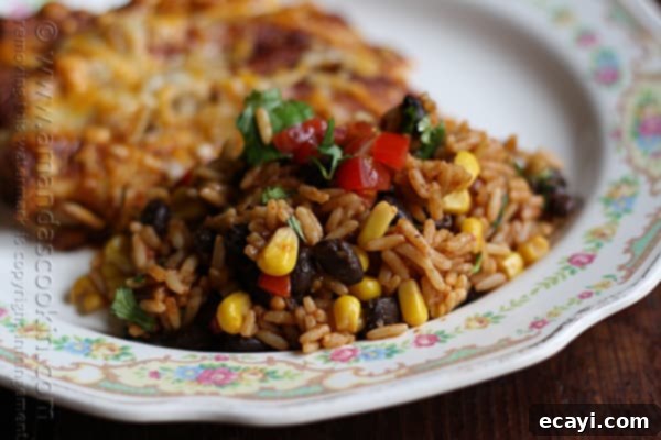 Fiesta Rice with Black Beans and Corn 2 A close up photo of Spanish rice with black beans and corn.