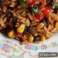 Fiesta Rice with Black Beans and Corn 10 A close up photo of Spanish rice with black beans and corn.