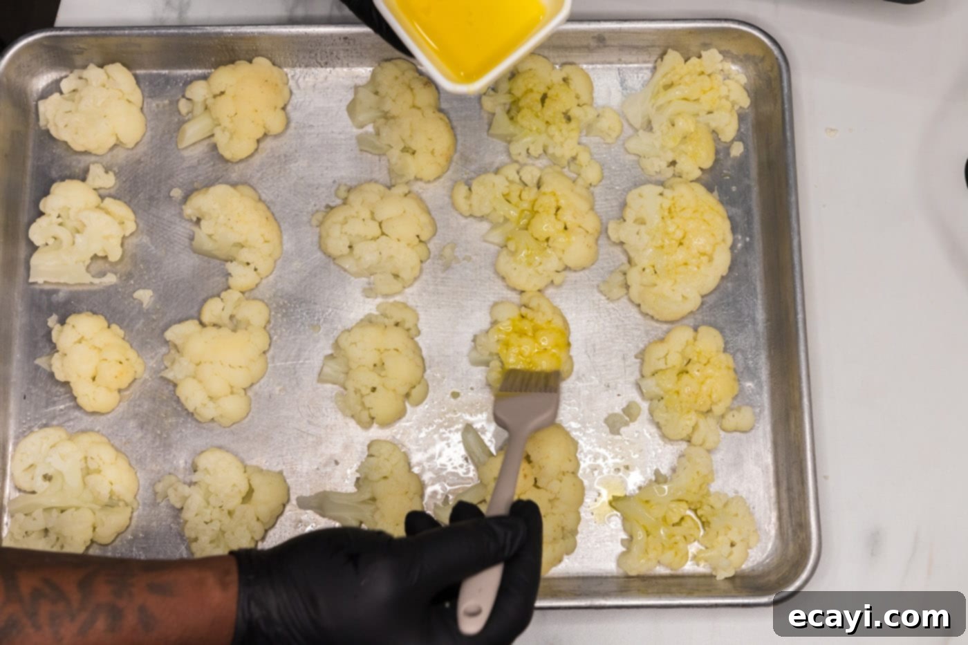 Crispy Smashed Cauliflower 8 brushing oil on cauliflower florets
