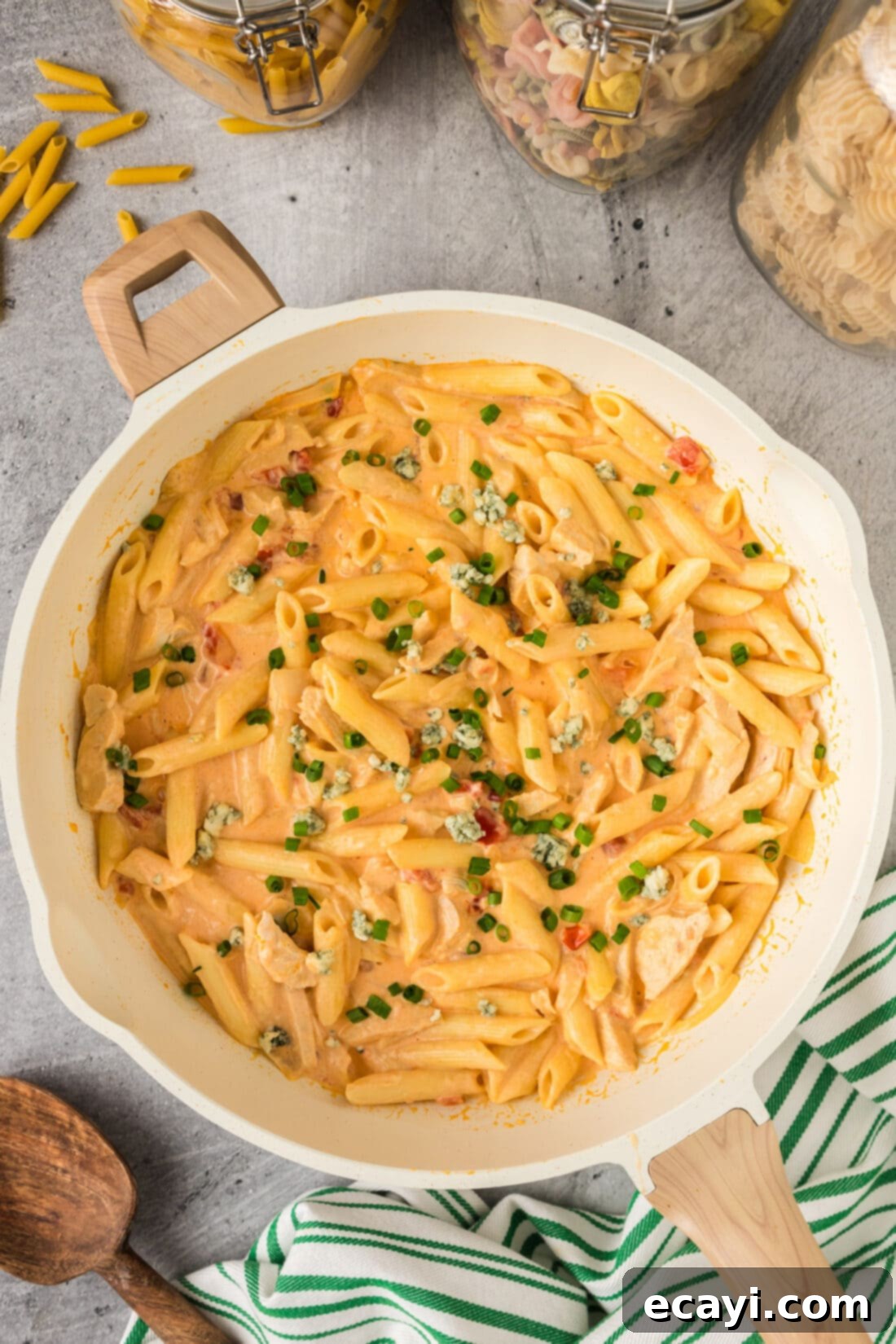 Zesty Buffalo Chicken Pasta 13 Skillet filled with creamy Buffalo Chicken Pasta, ready to serve