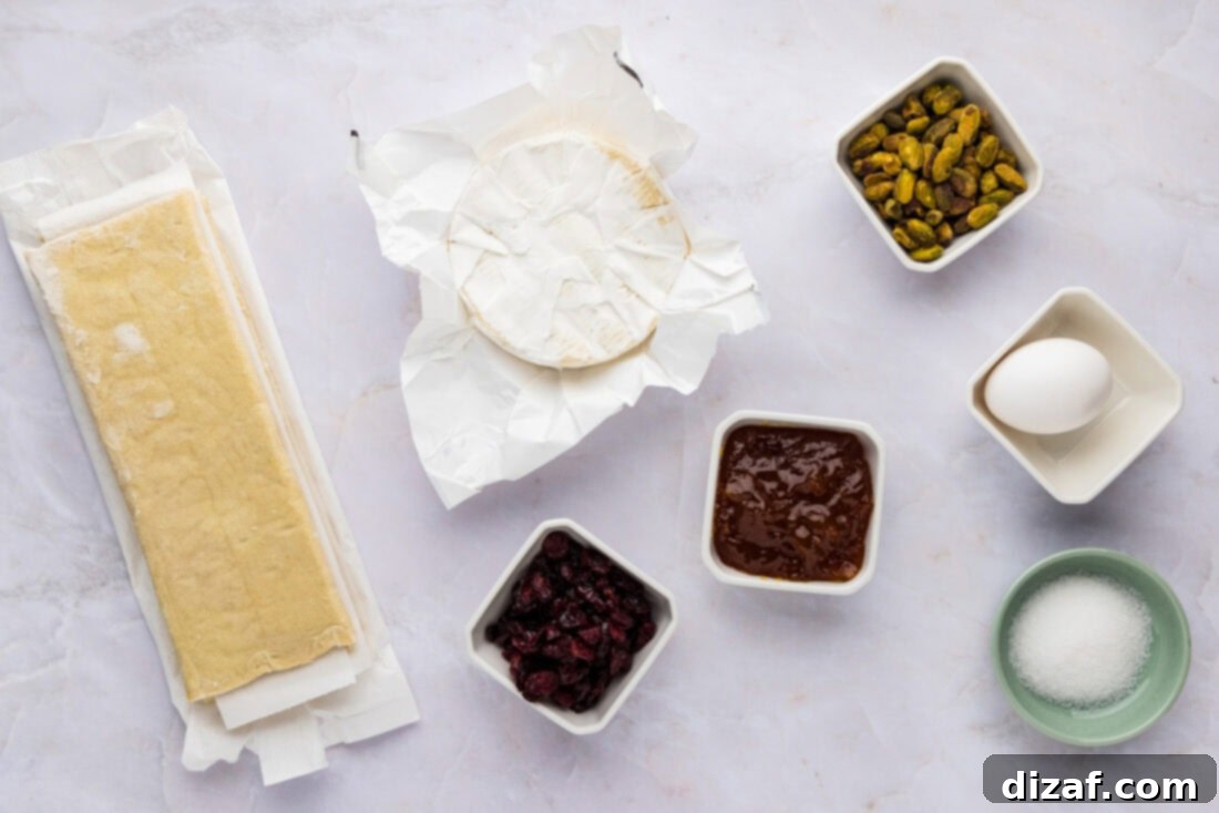 A flat lay photograph displaying all the fresh and packaged ingredients required for making Brie Bites, including puff pastry sheets, a wheel of brie, a jar of apricot jam, dried cranberries, and chopped pistachios.