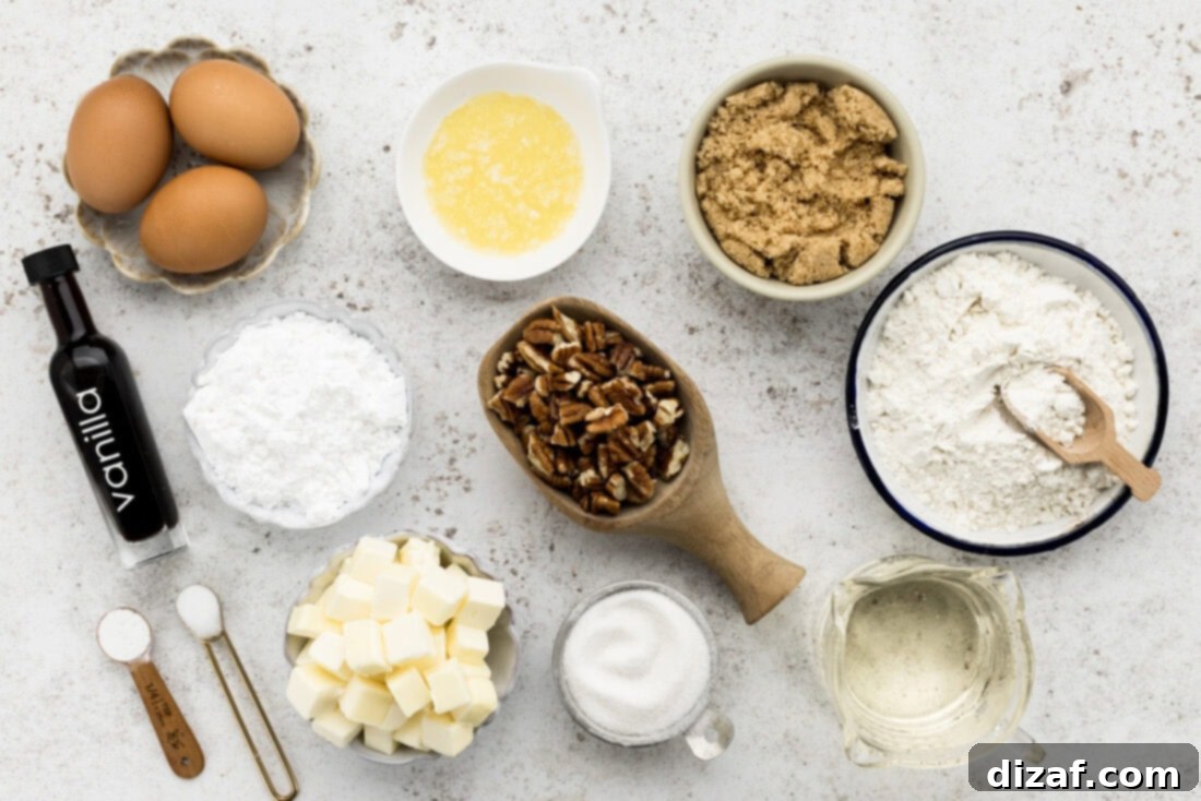 Various ingredients for Pecan Pie Bars laid out on a white surface, including flour, pecans, sugar, and butter
