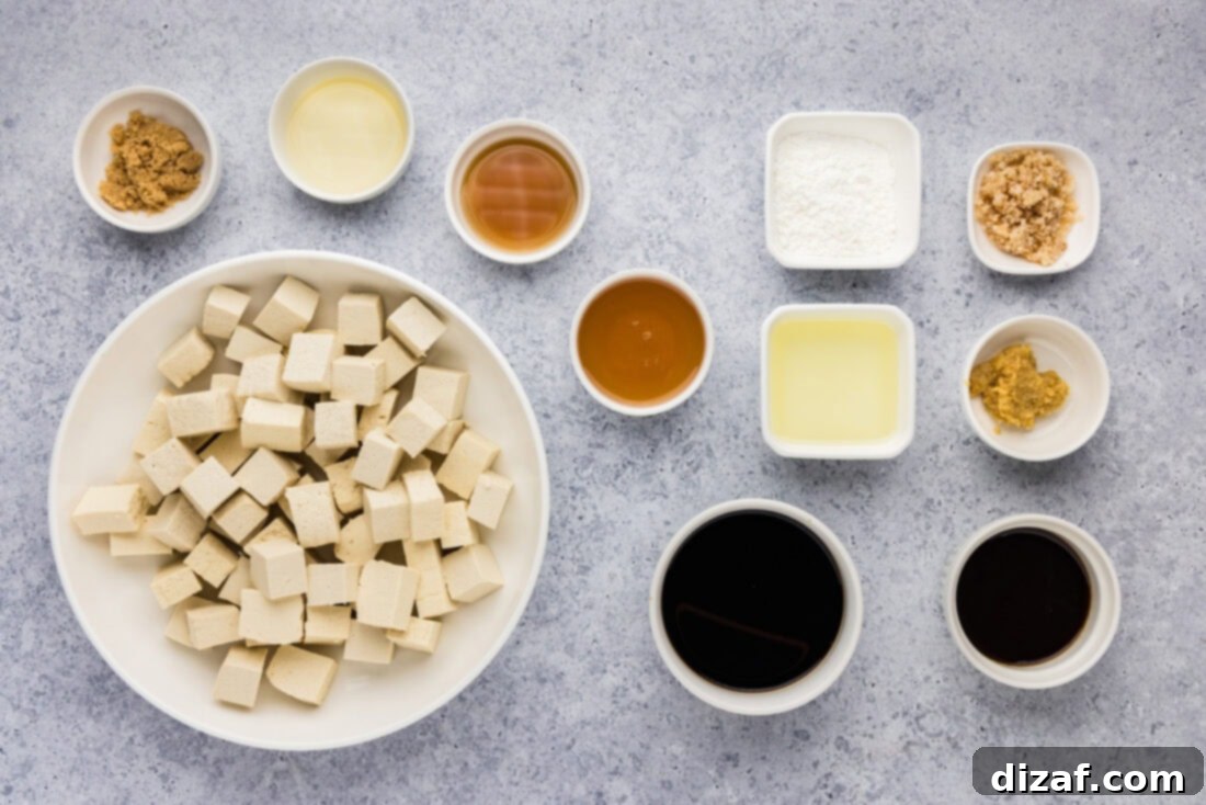 Savory Glazed Teriyaki Tofu 4 A colorful array of ingredients for Teriyaki Tofu, including tofu, various sauces, spices, and oil.