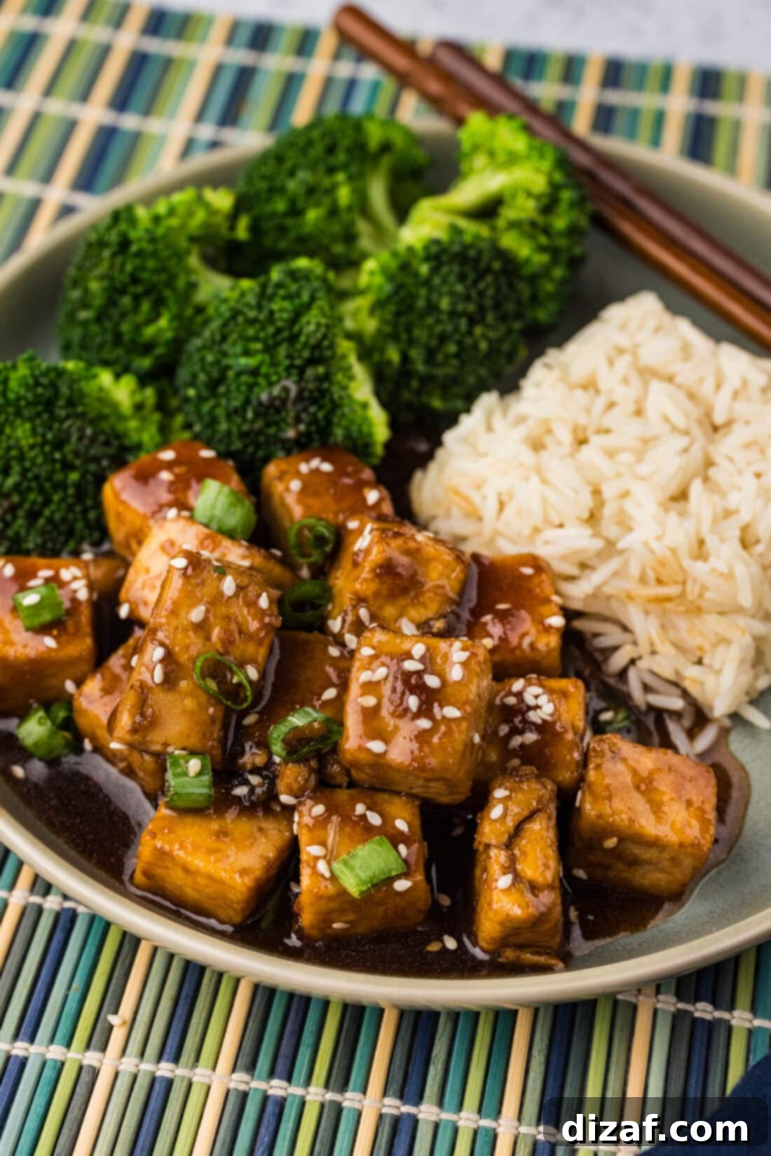 Savory Glazed Teriyaki Tofu 8 Close-up photo of beautifully glazed Teriyaki Tofu, showcasing its rich color and inviting texture on a plate.