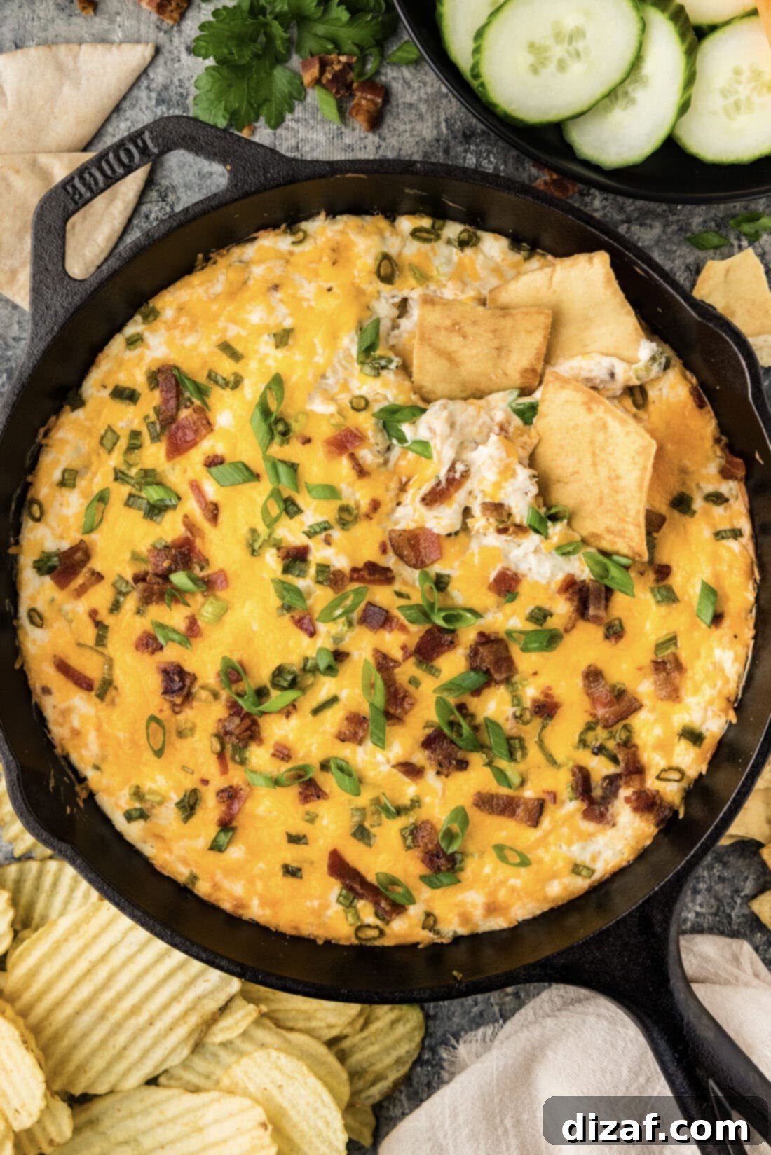 Skillet of Chicken Bacon Ranch Dip with chips