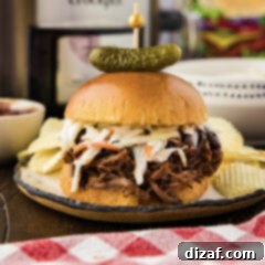 Close up photo of a Crockpot BBQ Beef Sandwich