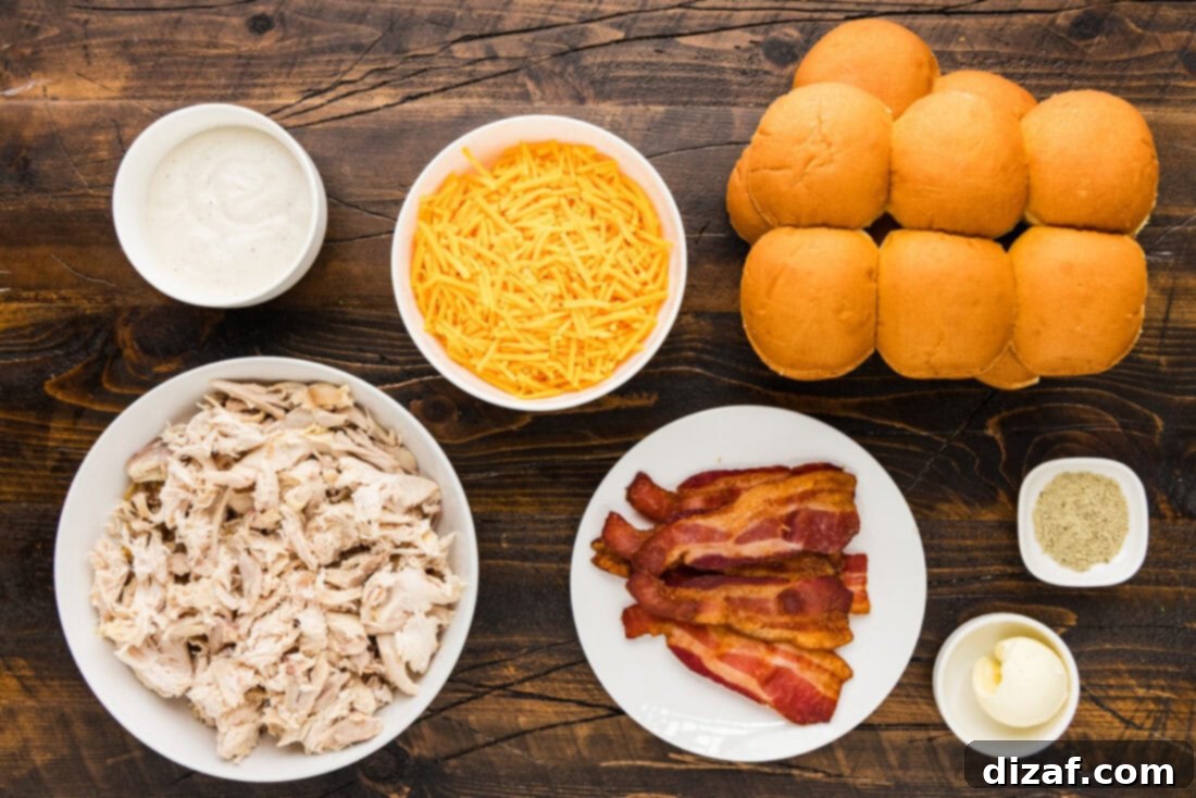 Ingredients for Chicken Bacon Ranch Sliders - Chicken, bacon, ranch, cheese, slider buns