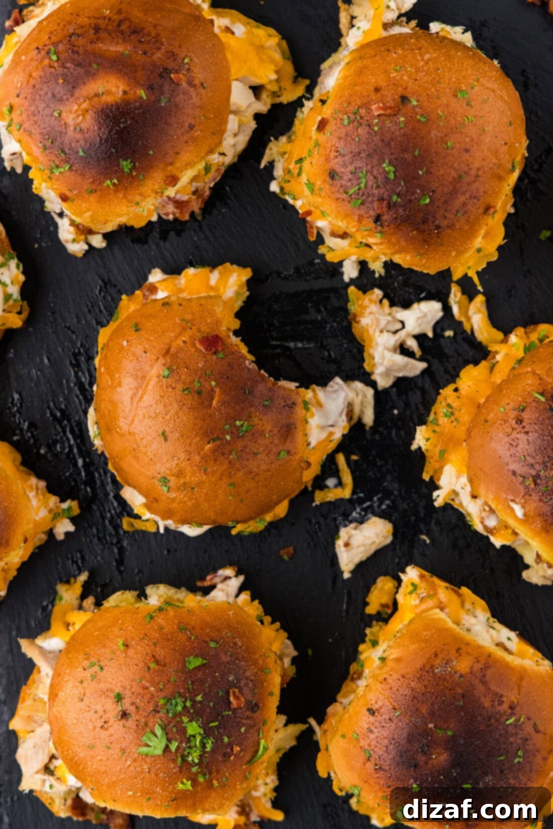 Chicken Bacon Ranch Sliders overhead shot with bite taken out