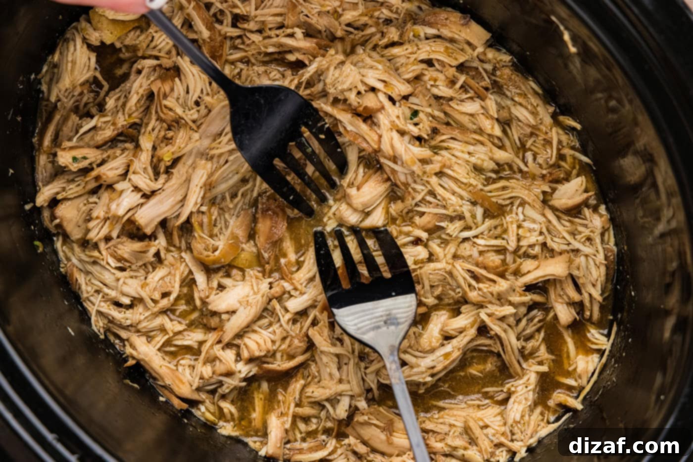Shredding chicken in a crockpot with two forks