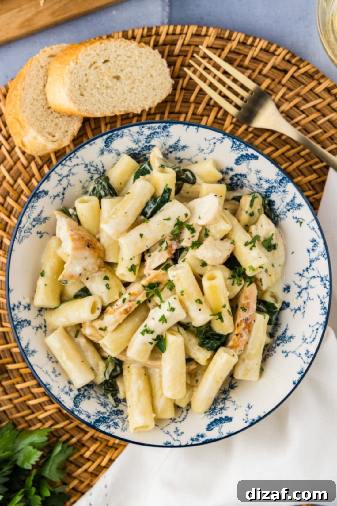 Garlic Chicken Pasta Sizzling Garlic Chicken Pasta Perfection 9 Overhead photo of a bowl of Creamy Garlic Chicken Pasta